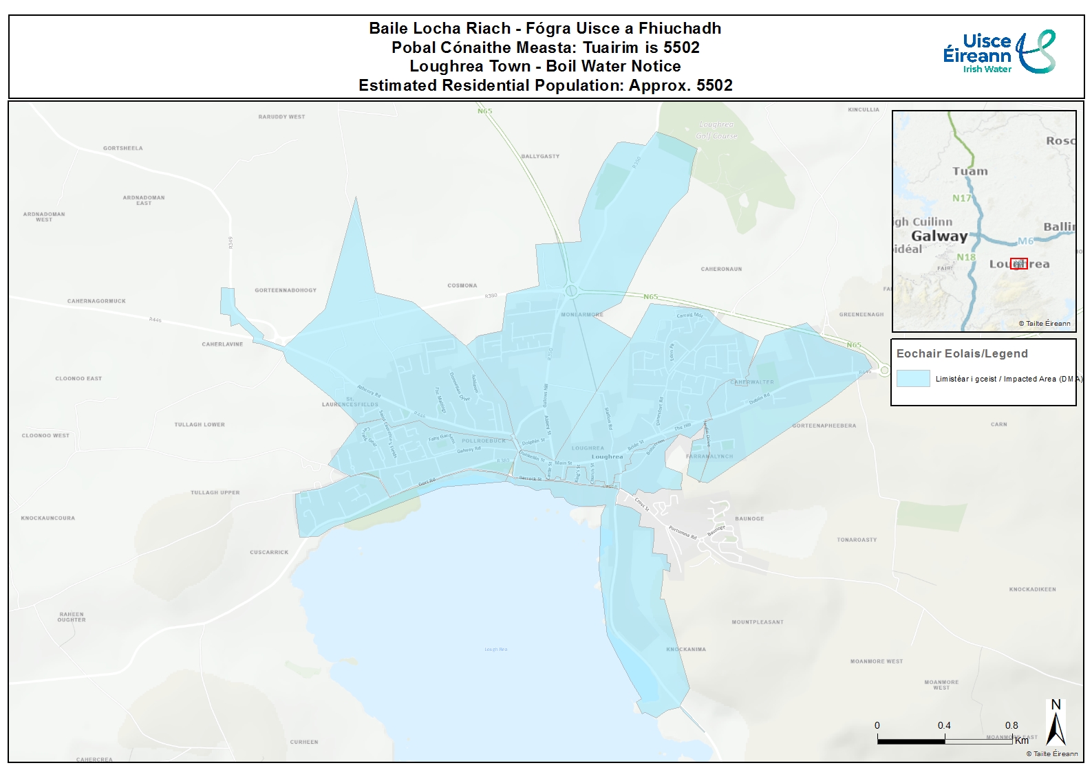 Map of Loughrea Town Boil Water Notice