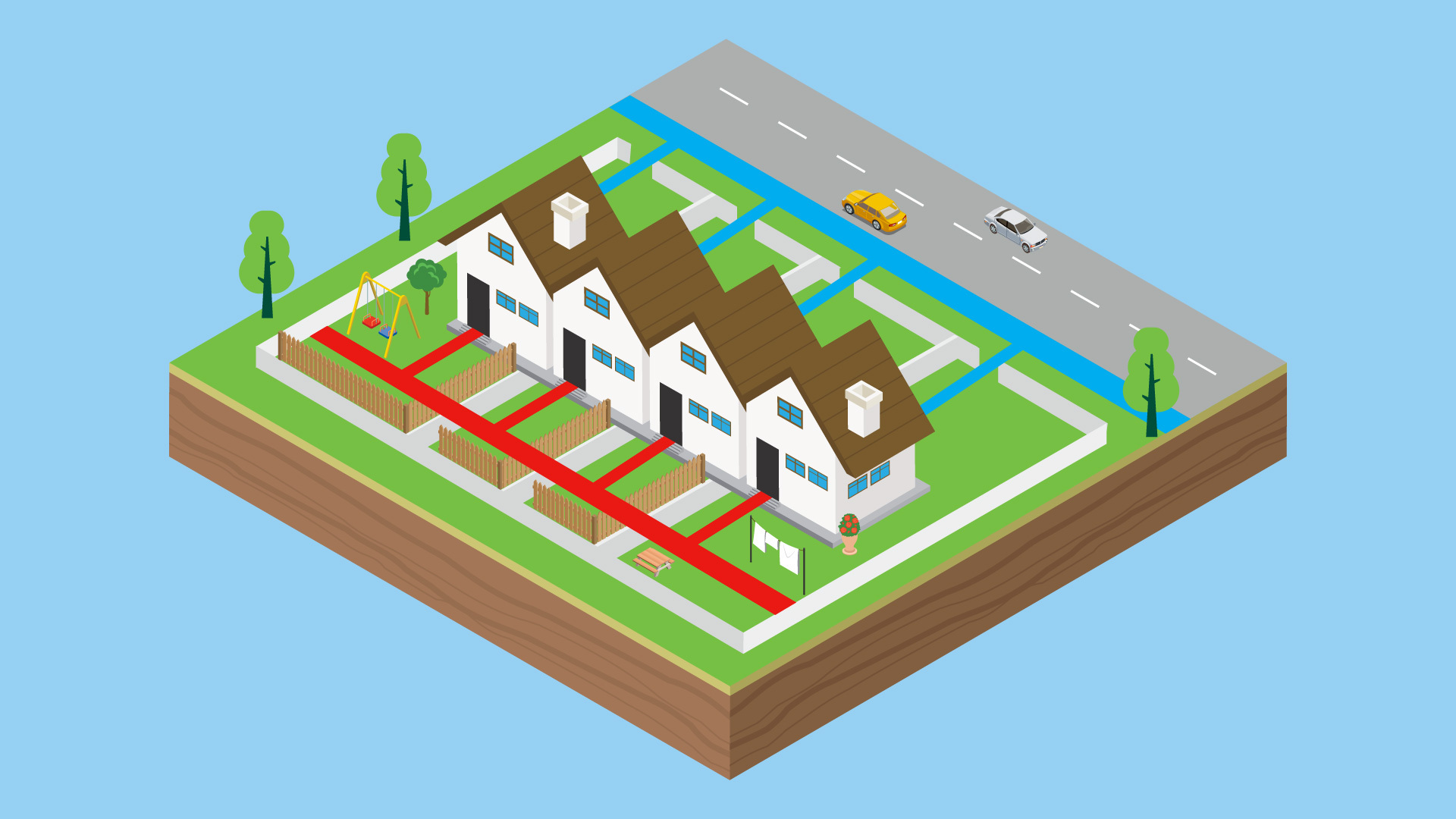 Cartoon drawing showing four white houses with gardens by a road