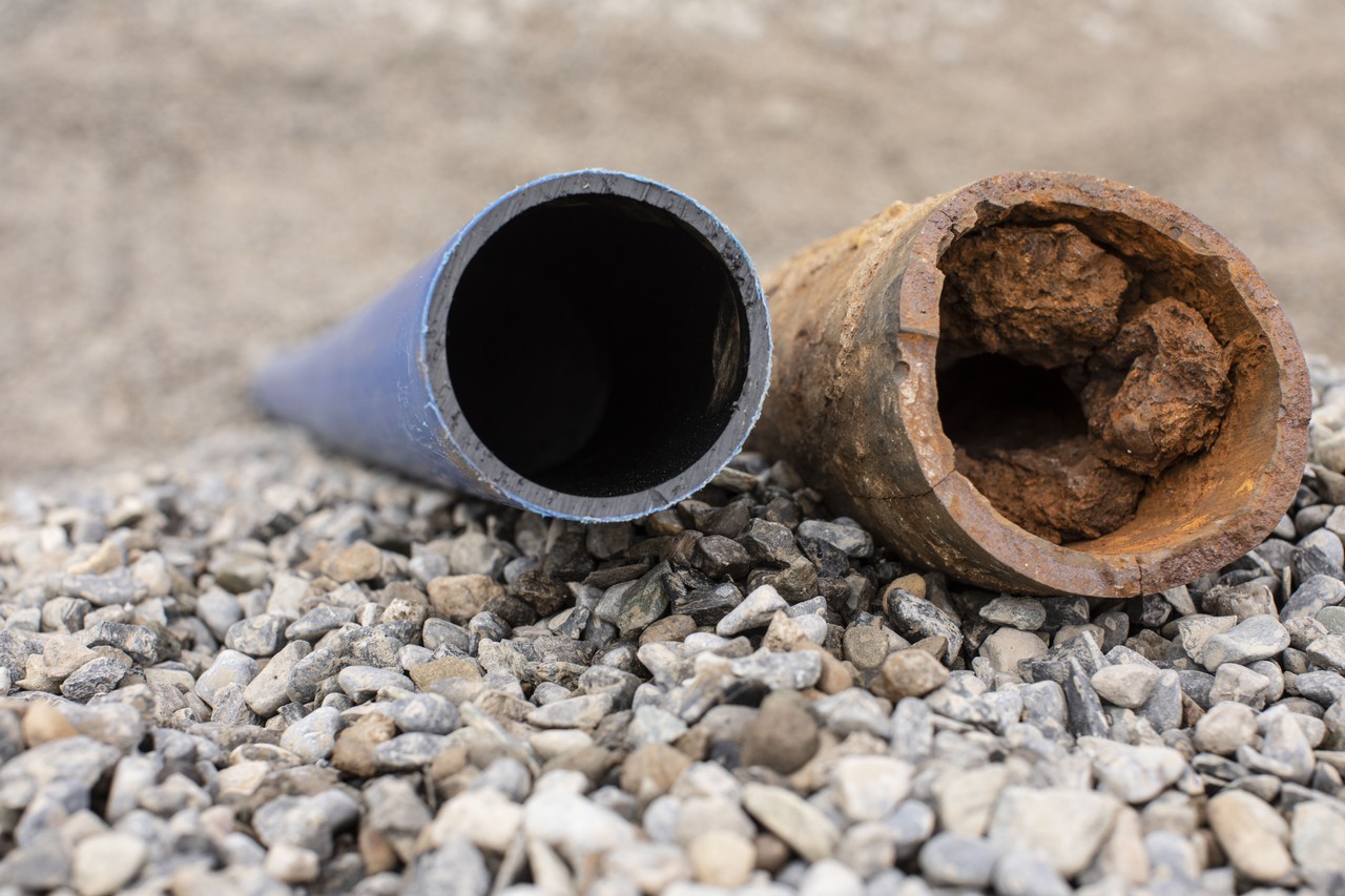 A new clean pipe next to an old damaged and rusty pipe