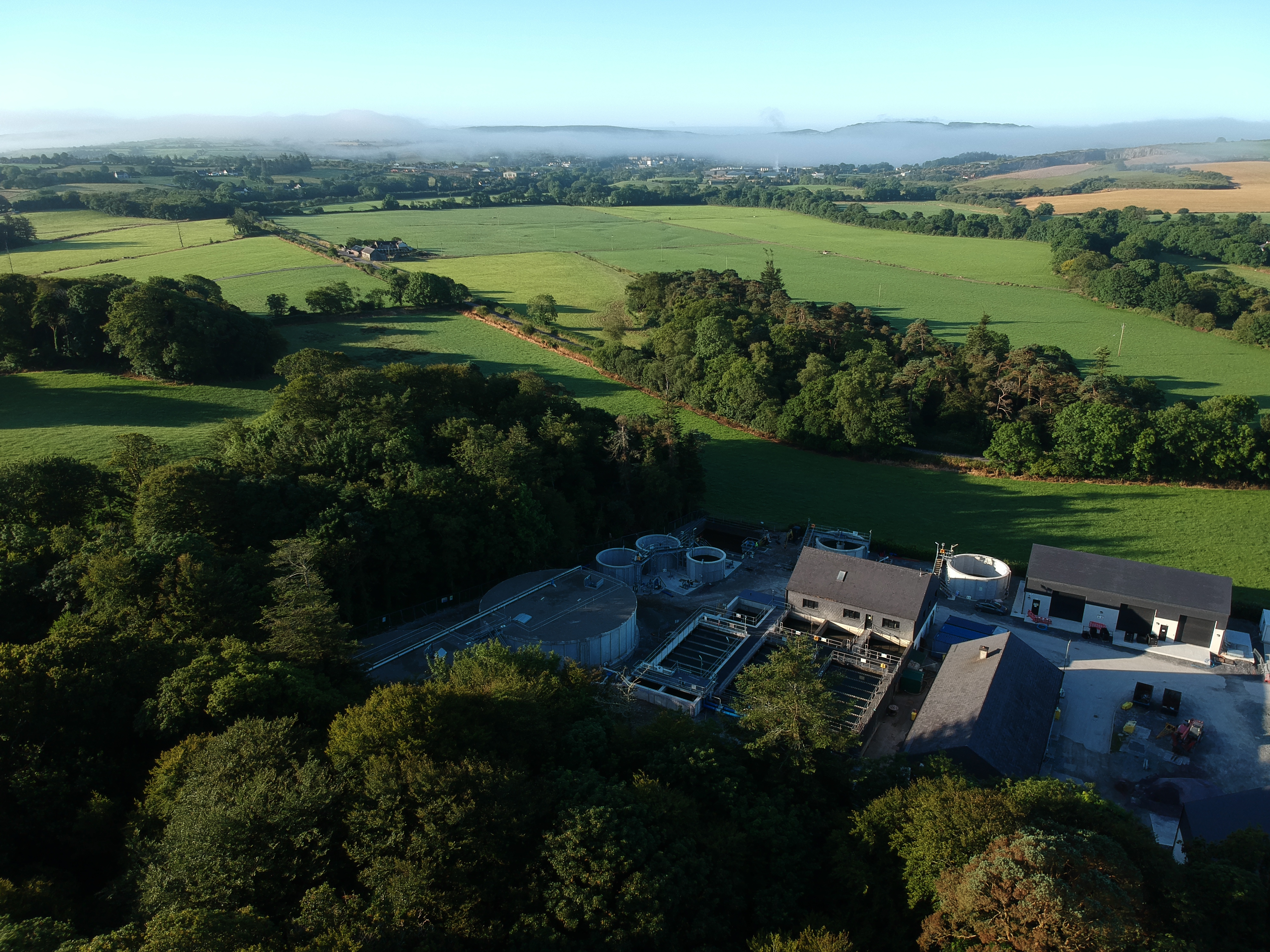 An aerial view of a water treatment plant 