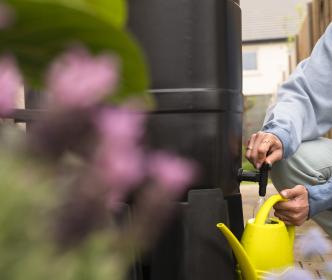 a woman pouring water into a watering can